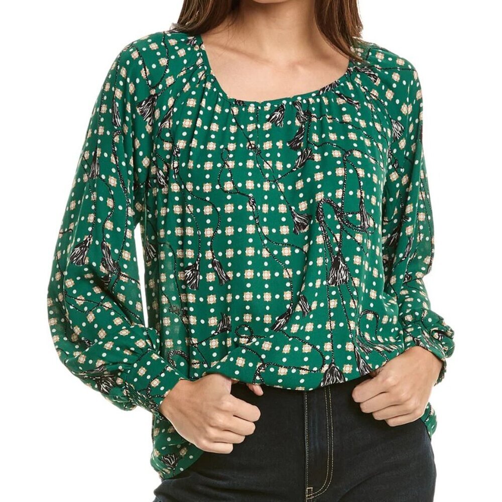 Cabi Voyage Blouse Top Shirt Green Tassel Long Sleeve Smocked Cuffs New Medium